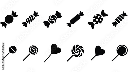 Set of candy and lollipop icons including wrapped sweets and heart shaped treats in silhouette style
