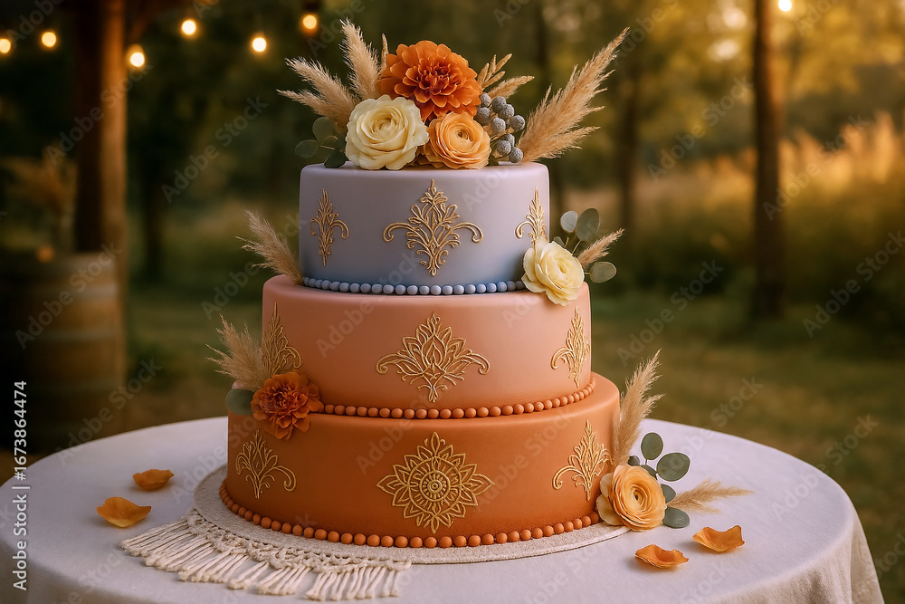Fototapeta premium Rustic Harmony Cake – Three-Tiered Burnt Orange, Peach, and Lavender Cake with Gold Patterns, Pampas Grass, and Blooms on White Table in Outdoor Garden Celebration Setting