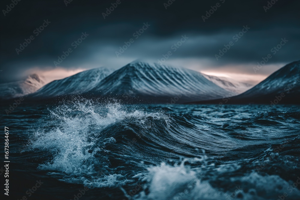 Fototapeta premium Stormy Arctic seas crash against snow-capped mountains