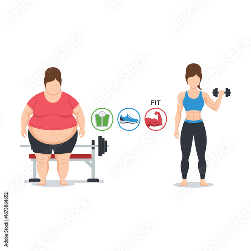 Weight Loss Transformation: Before & After Fitness Illustration, Flat Design, Motivational Concept