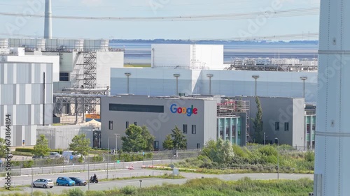 Aerial drone of Google data center in Eemshaven, Netherlands technology hub