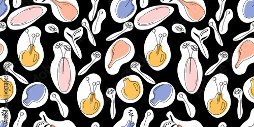 Beautiful seamless natural pattern with flowers and vases on  black background. Doodle elements, line art. White spot with  vase and  flower in  center. For wallpaper, textiles, packaging or backgroun