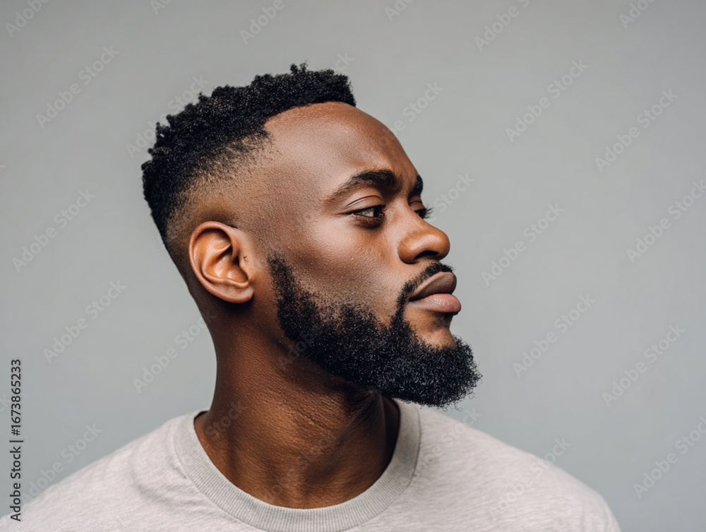 Obraz premium Portrait of a convinced young Black man with a stylish beard and short haircut against a neutral background .