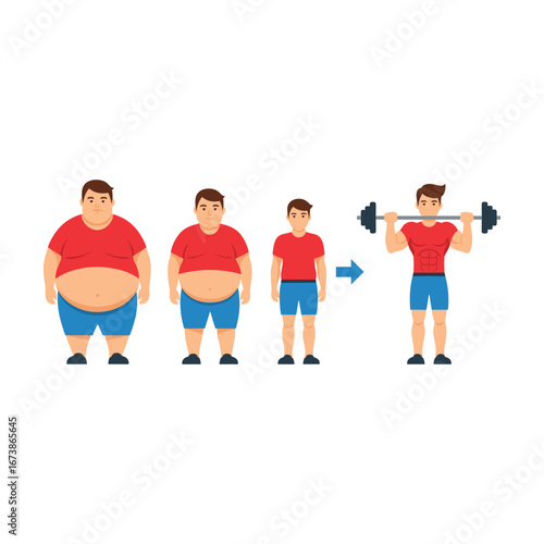 Weight Loss Transformation: Cartoon Man's Fitness Journey, Before & After, Motivational, Vector Illustration.