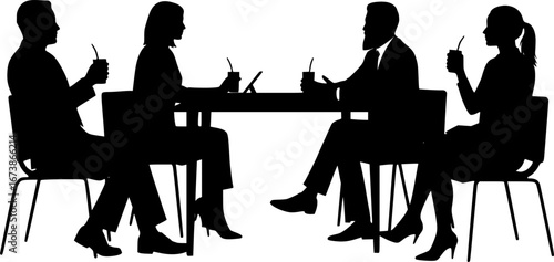 Silhouette of four people sitting around a table with drinks and a tablet in a business setting | eps vectors

