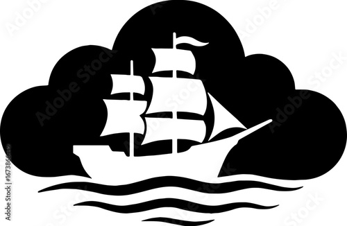 Ship Sailing in Cloud Shape - Fantasy Dream Silhouette Art With White Background 