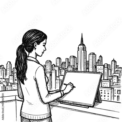 Woman sketching cityscape from rooftop, artistic inspiration