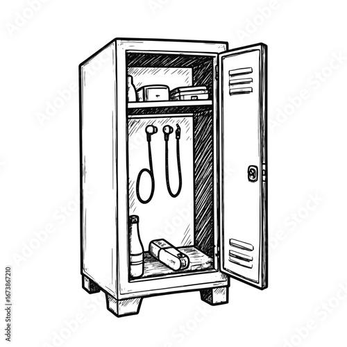 Gym locker filled with essentials, minimalist doodle style