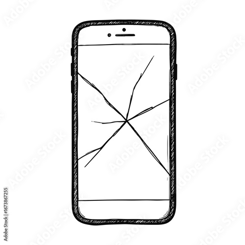 Cracked smartphone screen sketch, minimalist doodle style, repair concept