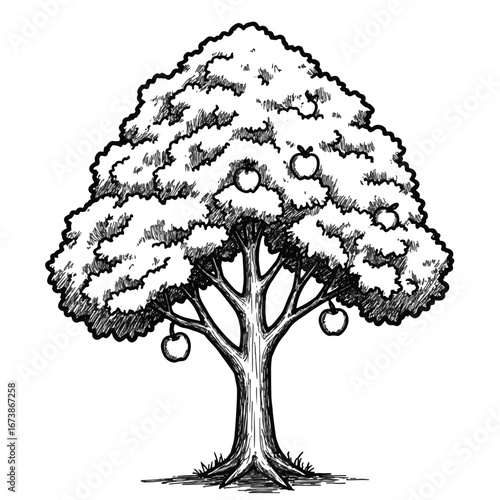 Doodle of apple tree with fruit, hand-drawn black and white illustration