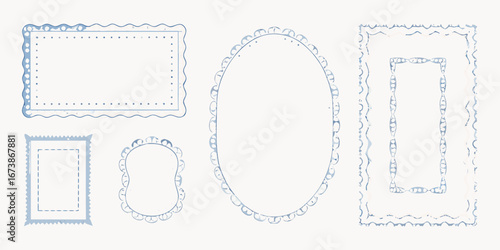 Collection of decorative blue watercolor frames and borders with scalloped edges and dotted patterns