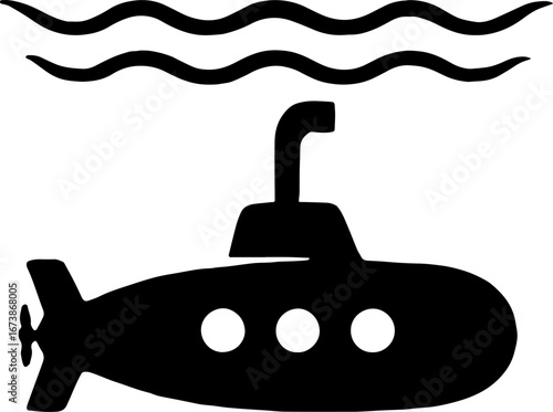 Submarine Under Waves with Periscope - Marine Silhouette Design With White Background 