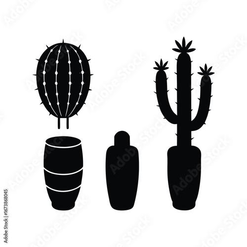 Four black fill vector designs featuring various desert cacti and a traditional pot for decoration