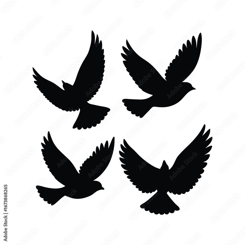 Fototapeta premium Four Silhouette Birds In Flight - Vector Design of Freedom and Travel