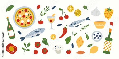 A vibrant and colorful collection of italian food and ingredients arranged in a flat lay style