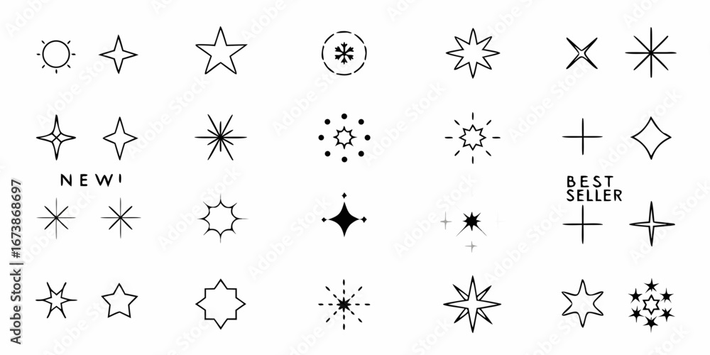 Naklejka premium Collection of hand drawn starbursts sparkles and star icons for design elements and decorations