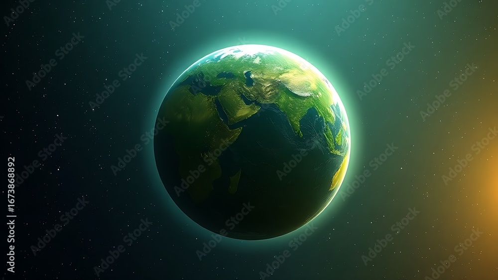 Fototapeta premium Lush green planet floating in space with a glowing atmosphere, depicting cosmic beauty.