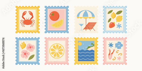 Collection of eight colorful postage stamps featuring summer vacation and food themes