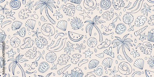 Whimsical hand drawn doodle pattern of summer beach vacation elements with palm trees seashells and tropical leaves