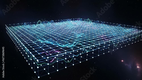 Quantum Network Grid in Space - A surreal floating grid representing a quantum network, with glowing nodes and flowing lines of data, set against a dark space background.