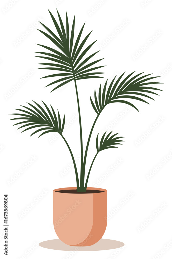 Fototapeta premium A stylized illustration of a potted palm plant with green leaves and a terracotta-colored pot.
