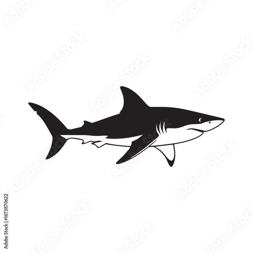Silhouette of a great white shark, profile view, simple design.