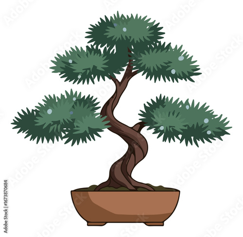 Cartoon illustration of a bonsai tree in a brown pot, featuring a twisted trunk and green foliage.