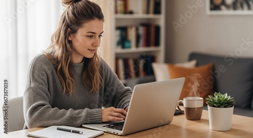 Young woman working on laptop with coffee in cozy interior for remote job visuals, distance learning, freelance life, online business content, and productivity blogs