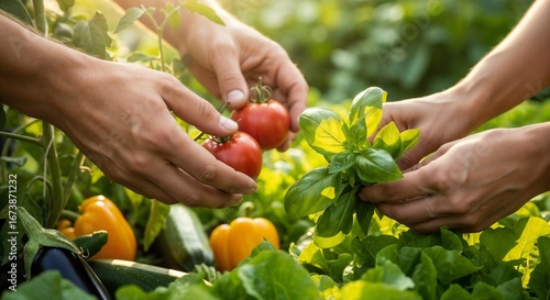 Hands harvesting fresh tomatoes and basil in summer garden for gardening visuals, sustainable farming blogs, organic food education, and nature-based lifestyle content