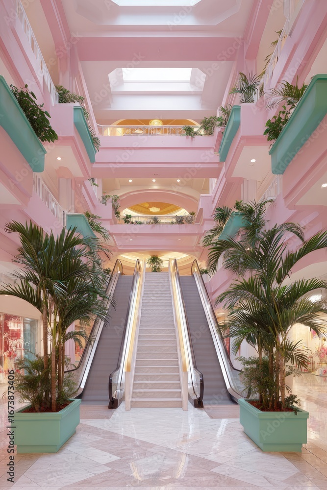 Fototapeta premium Pastel pink multi-level shopping mall interior with escalators, potted plants, and geometric floor design