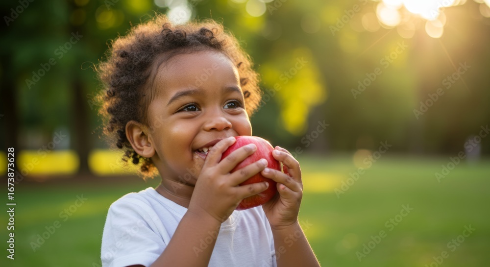 Fototapeta premium Joyful four-year-old eating a crisp red apple outdoors on sunny day, summertime snack