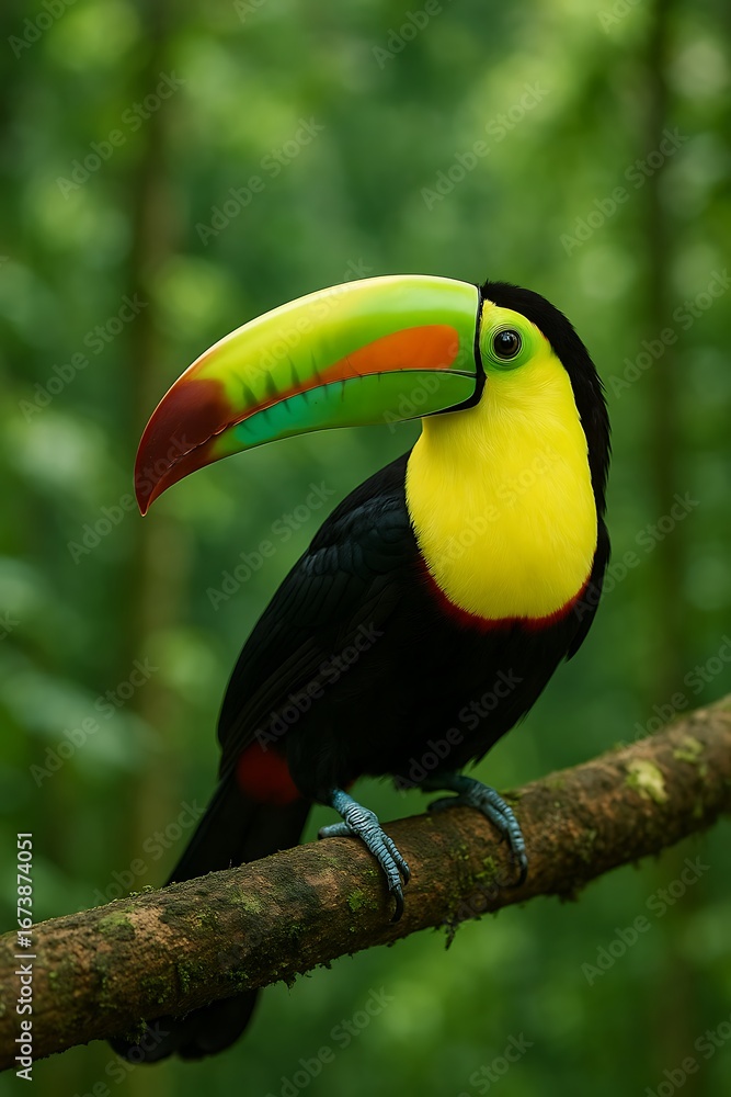 Naklejka premium Colorful toucan perched on a branch in a lush tropical rainforest setting