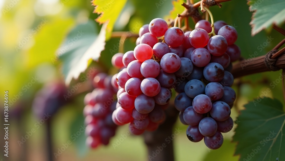 Naklejka premium Ripe red grapes on vine with vineyard.
