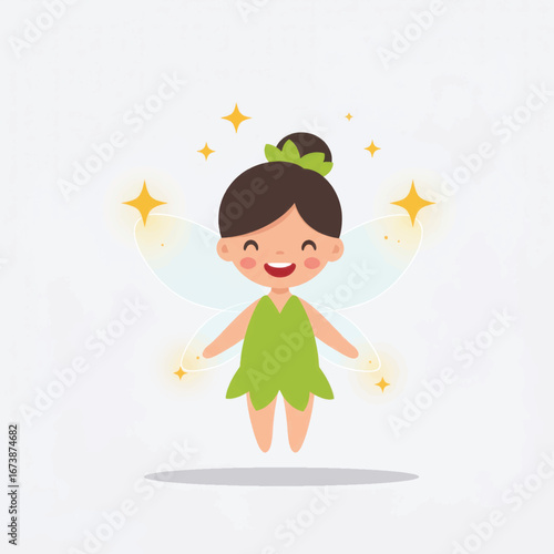 Adorable smiling fairy girl in a green leaf dress with glowing translucent wings and a top knot hairstyle.