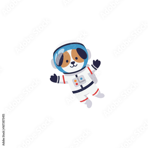 Cute cartoon dog astronaut with brown spots floating in a white spacesuit and waving.