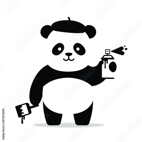 A cute panda street artist character wearing a beret holding a spray can and a dripping paint roller.