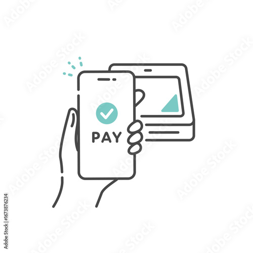 スマホでキャッシュレス決済をするベクターアイコン (線画、ブルー)