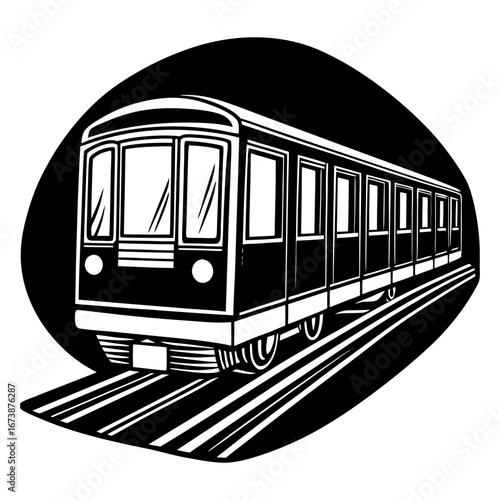 Illustration of a subway train on tracks public transportation urban commute rapid transit vehicle drawing