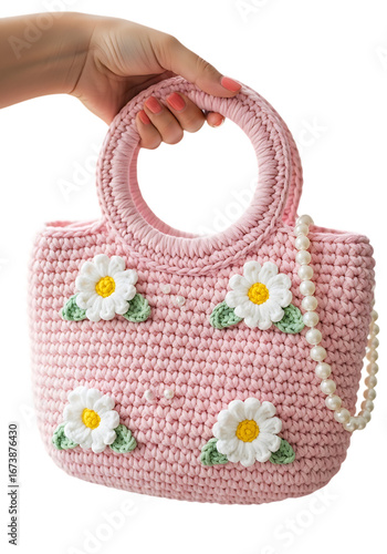 Handwoven bag templates crocheted pink handbag with daisy flowers isolated on transparent background