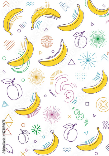 Vibrant yellow bananas and plums with playful geometric patterns create a fun and fresh modern design