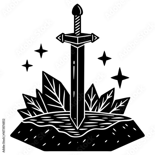 Sword in stone illustration fantasy legend magical blade mythical weapon adventure story drawing art