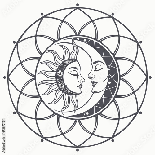 Vector art of sun and moon face in harmony, celestial astrology vector illustration