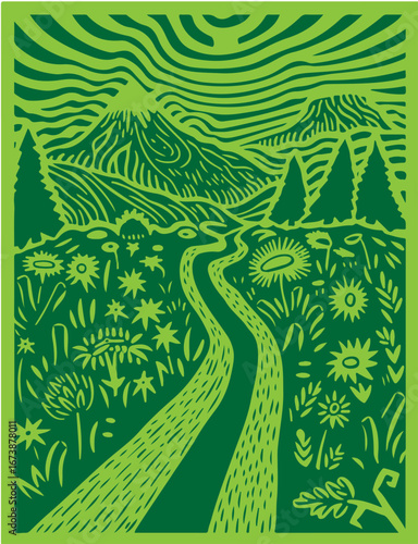 landscape lino cut illustration drawing flower illustration tree mountain flowers road park grass