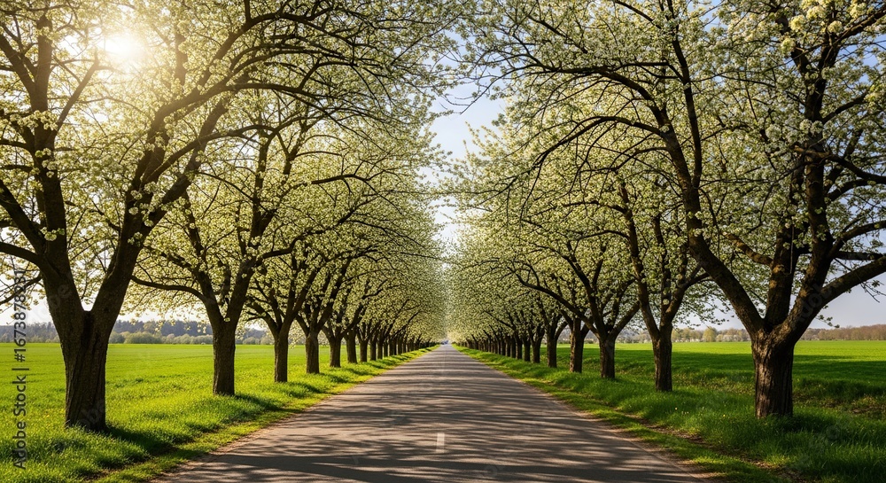 Fototapeta premium Beautiful Tree Lined Road in Full Bloom on a Sunny Spring Day