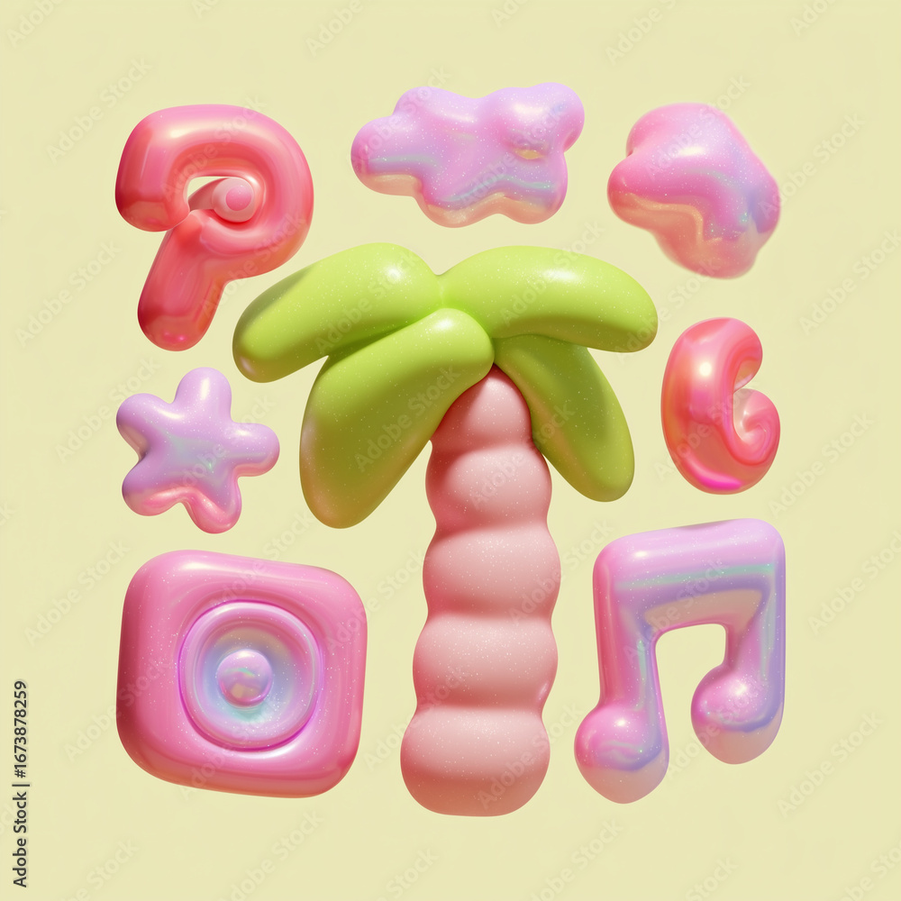 Naklejka premium 3D Abstract Palm Tree with Music Notes and Speaker on green background