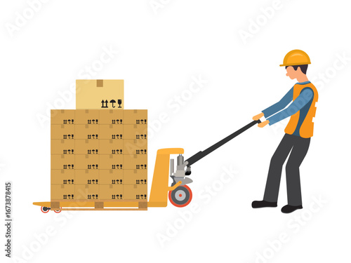 One worker is moving heavy boxes of goods by the hand pallet truck on white background. Vector illustration EPS 10.