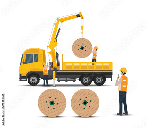 ํYellow truck with a crane is lifting a roll of wooden-wheeled cable, transporting electronic goods, against a white background, depicting transportation and logistics.