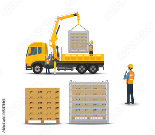 Yellow flatbed truck with yellow mounted crane lifting a box in container on white background. Vector illustration EPS 10.