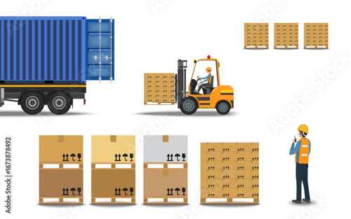 Workers are loading large boxes of goods into a container with a forklift on a white background. Vector illustration EPS 10.