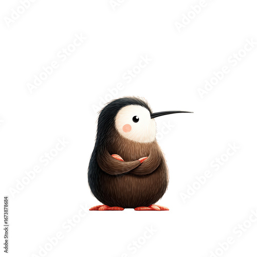 Cute Cartoon Kiwi Bird Character with Crossed Arms on Transparent Background